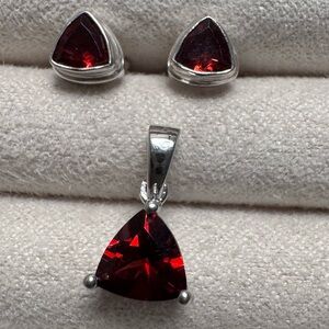 Trillion Cut Red Garnet Sterling Silver Earrings & Pendant Set